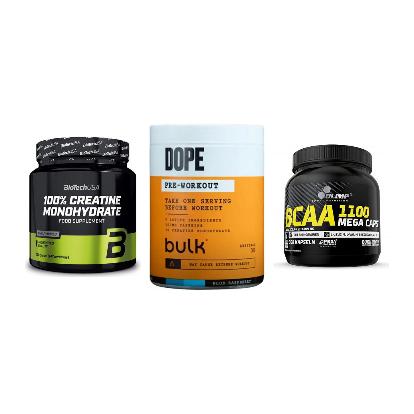 Kraft-Stack: BioTech Creatine + Bulk Dope + Olimp BCAA Mega – alle enthaltenen Artikel
