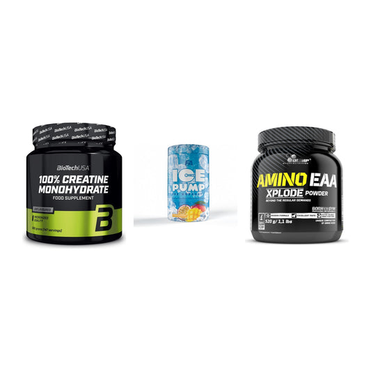 Kraft-Stack: BioTech Creatine + FA Nutrition ICE + Olimp Amino EAA – alle enthaltenen Artikel