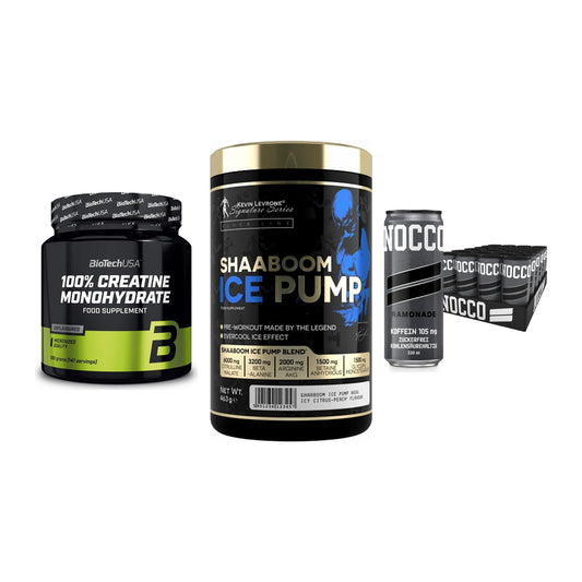 Kraft-Stack: BioTech Creatine + Kevin Levrone + Nocco BCAA Drink – alle enthaltenen Artikel