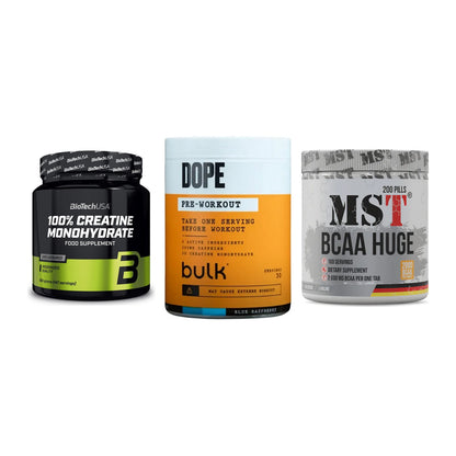 Kraft-Stack: BioTech Creatine + Bulk Dope + MST BCAA Huge 200 – alle enthaltenen Artikel