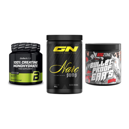 Kraft-Stack: BioTech Creatine + GN Narc Pump + Big Zone Bulletpr – alle enthaltenen Artikel