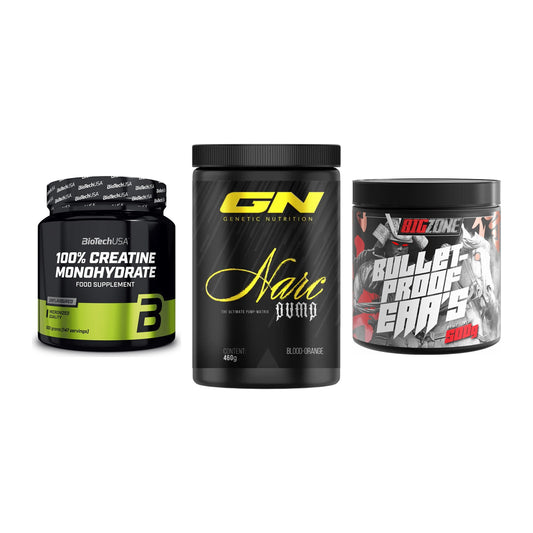 Kraft-Stack: BioTech Creatine + GN Narc Pump + Big Zone Bulletpr – alle enthaltenen Artikel