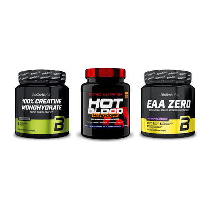Kraft-Stack: BioTech Creatine + Scitec Hot Blood + BioTech EAA Zero – alle enthaltenen Artikel