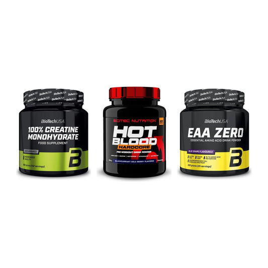 Kraft-Stack: BioTech Creatine + Scitec Hot Blood + BioTech EAA Zero – alle enthaltenen Artikel