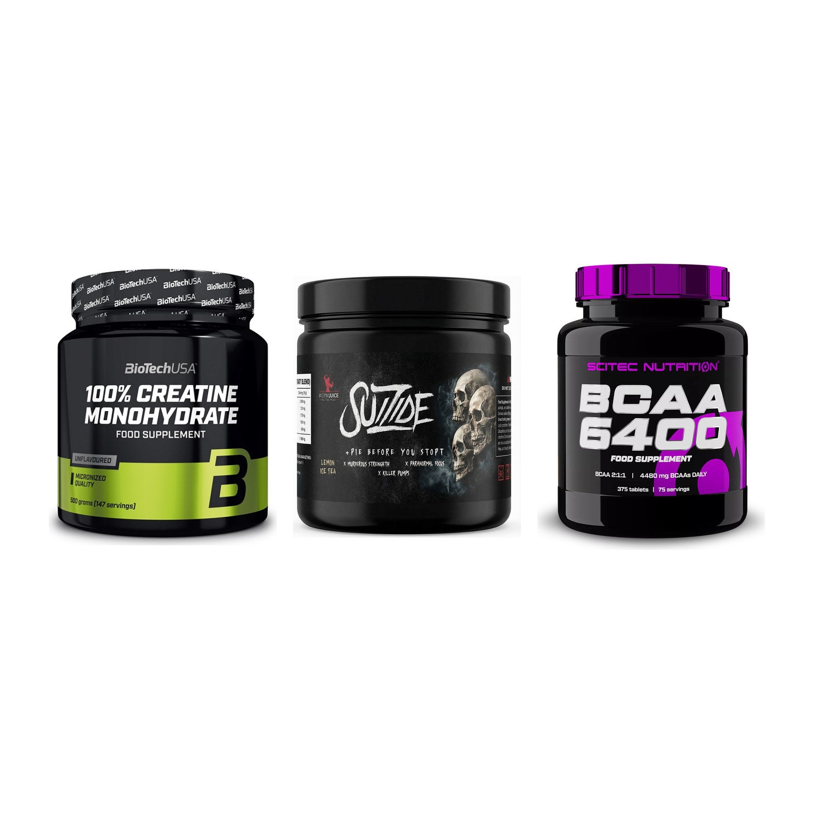 Kraft-Stack: BioTech Creatine + #GYMJUICE SUIZIDE + Scitec BCAA 6400 – alle enthaltenen Artikel