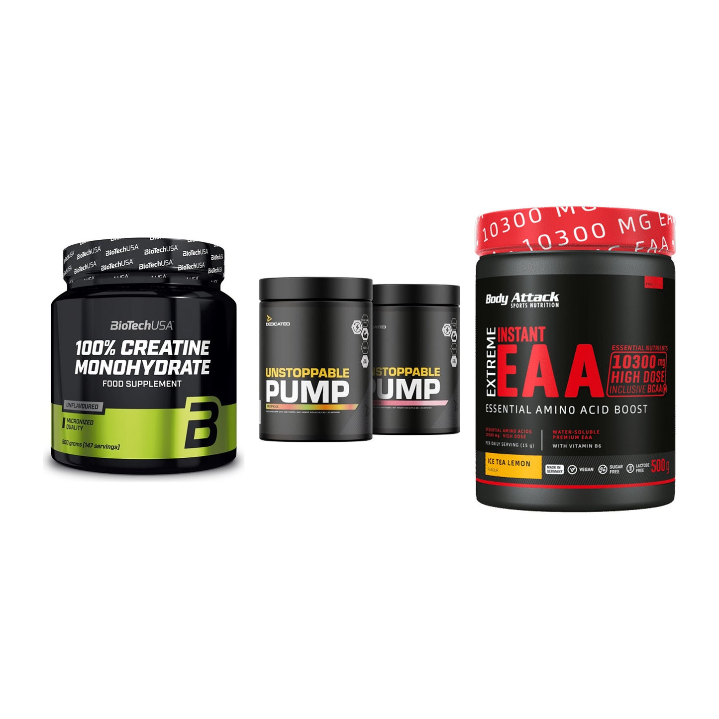 Kraft-Stack: BioTech Creatine + Dedicated + Body Attack – alle enthaltenen Artikel