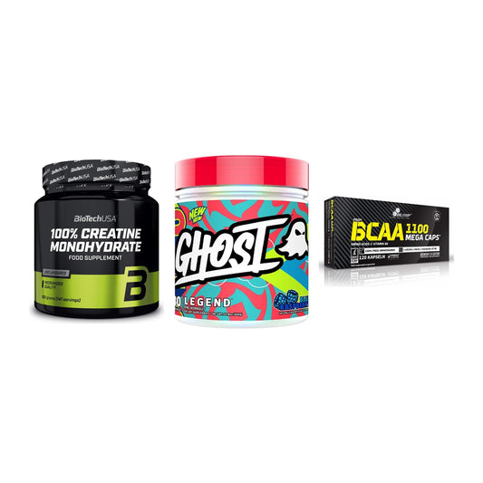 Kraft-Stack: BioTech Creatine + Ghost Legend V4 + Olimp BCAA Mega – alle enthaltenen Artikel