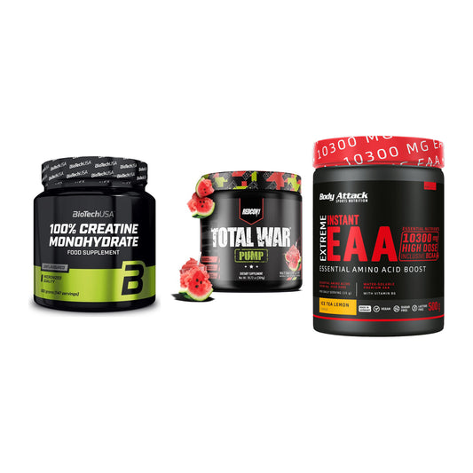 Kraft-Stack: BioTech Creatine + Redcon1 Total War + Body Attack – alle enthaltenen Artikel