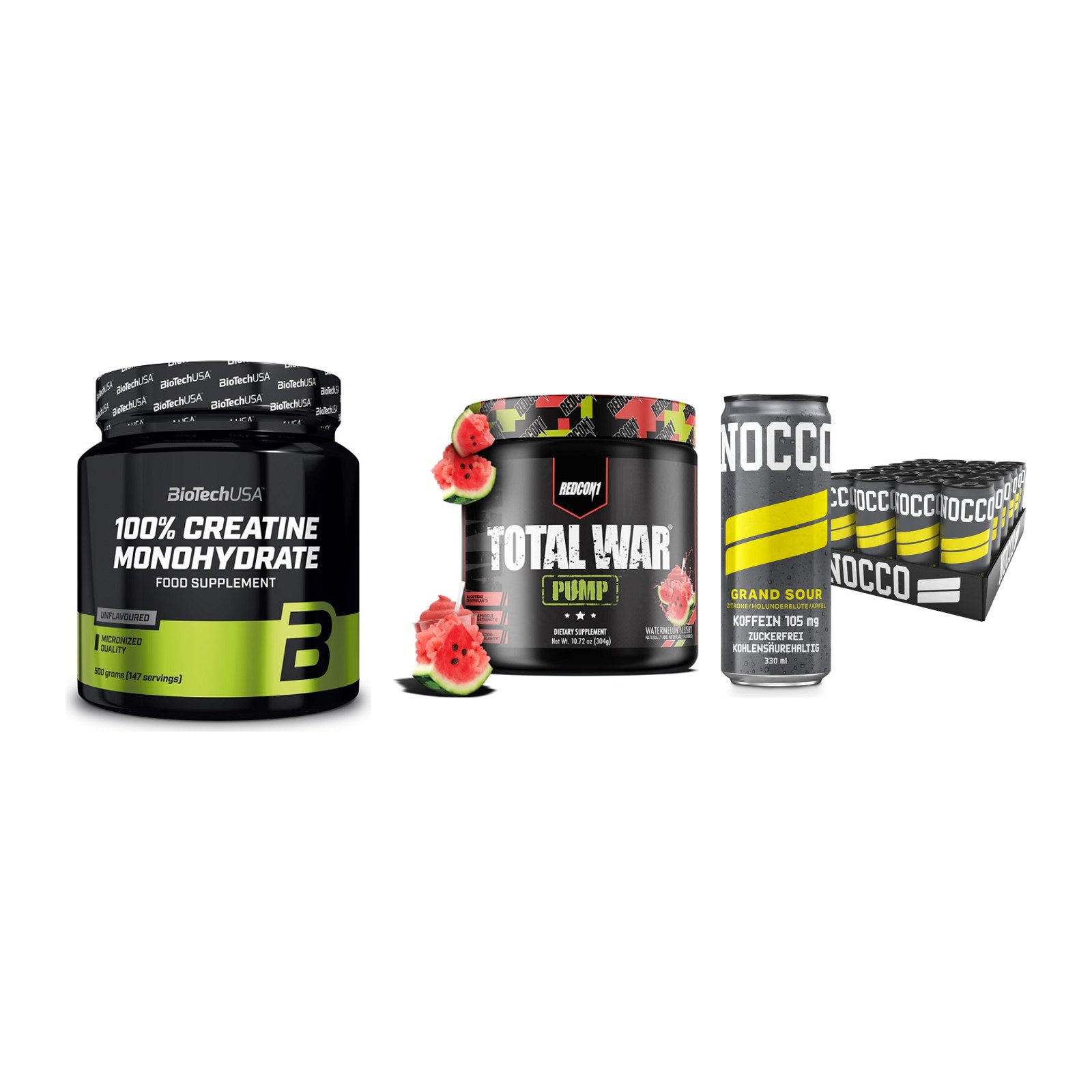 Kraft-Stack: BioTech Creatine + Redcon1 Total War + Nocco BCAA Drink – alle enthaltenen Artikel