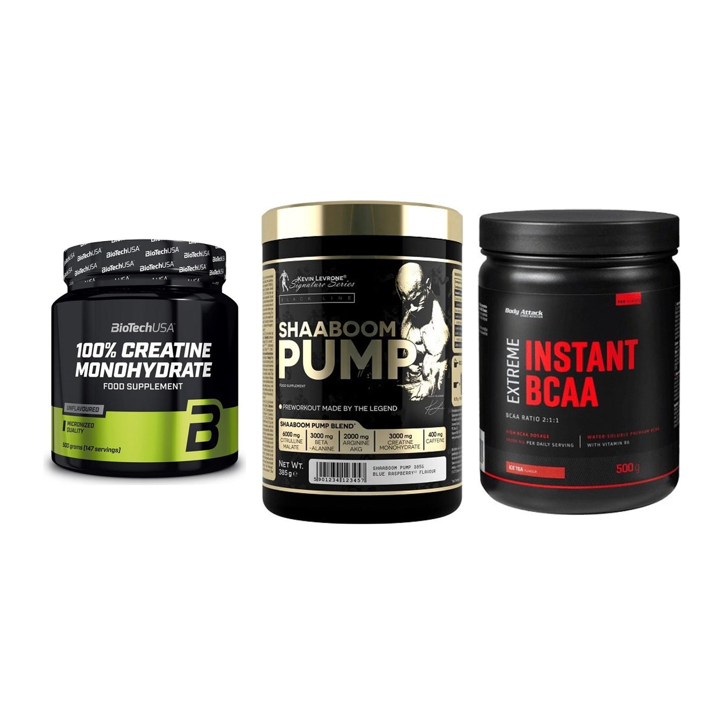 Kraft-Stack: BioTech Creatine + Kevin Levrone + Body Attack – alle enthaltenen Artikel