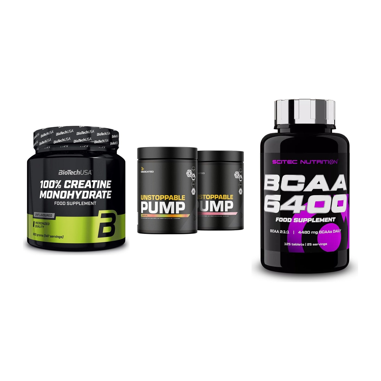 Kraft-Stack: BioTech Creatine + Dedicated + Scitec BCAA 6400 – alle enthaltenen Artikel