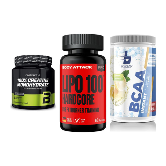 Kraft-Stack: BioTech Creatine + Body Attack LIPO + Blackline – alle enthaltenen Artikel