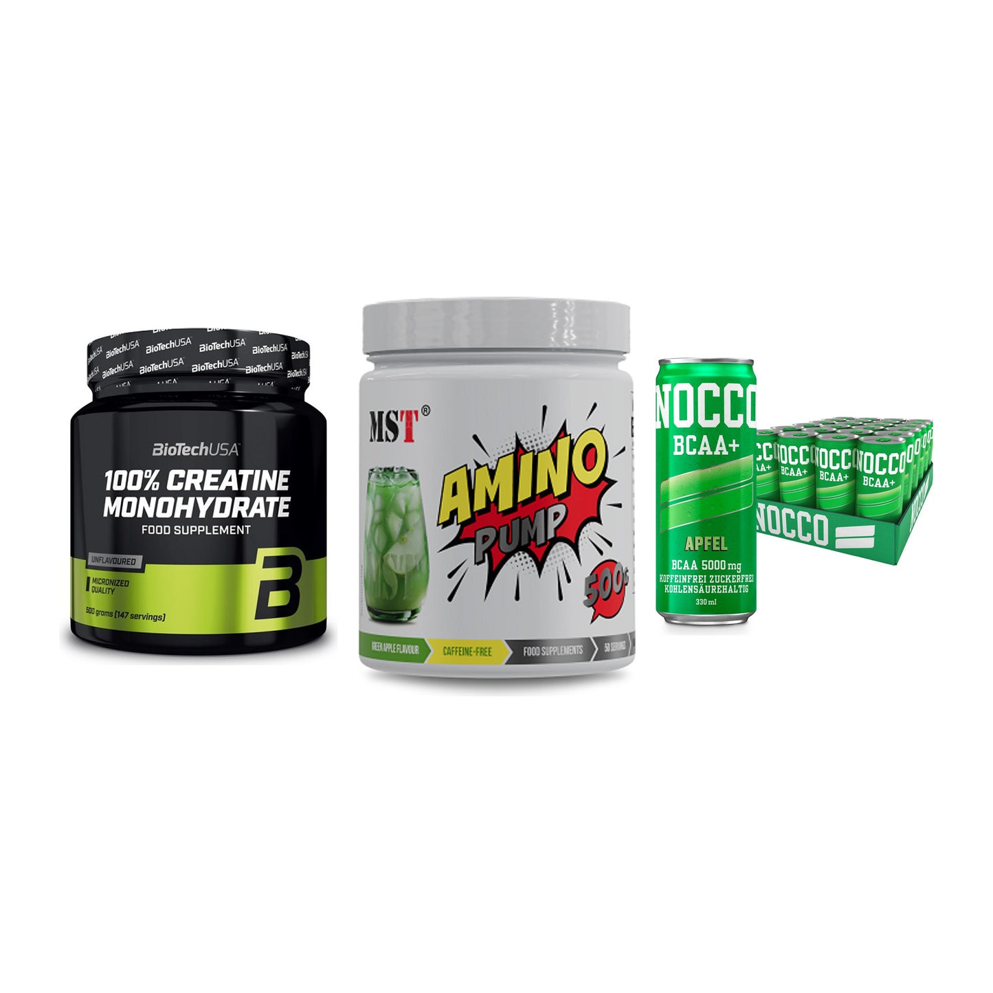 Kraft-Stack: BioTech Creatine + MST Amino Pump + Nocco BCAA Drink – alle enthaltenen Artikel