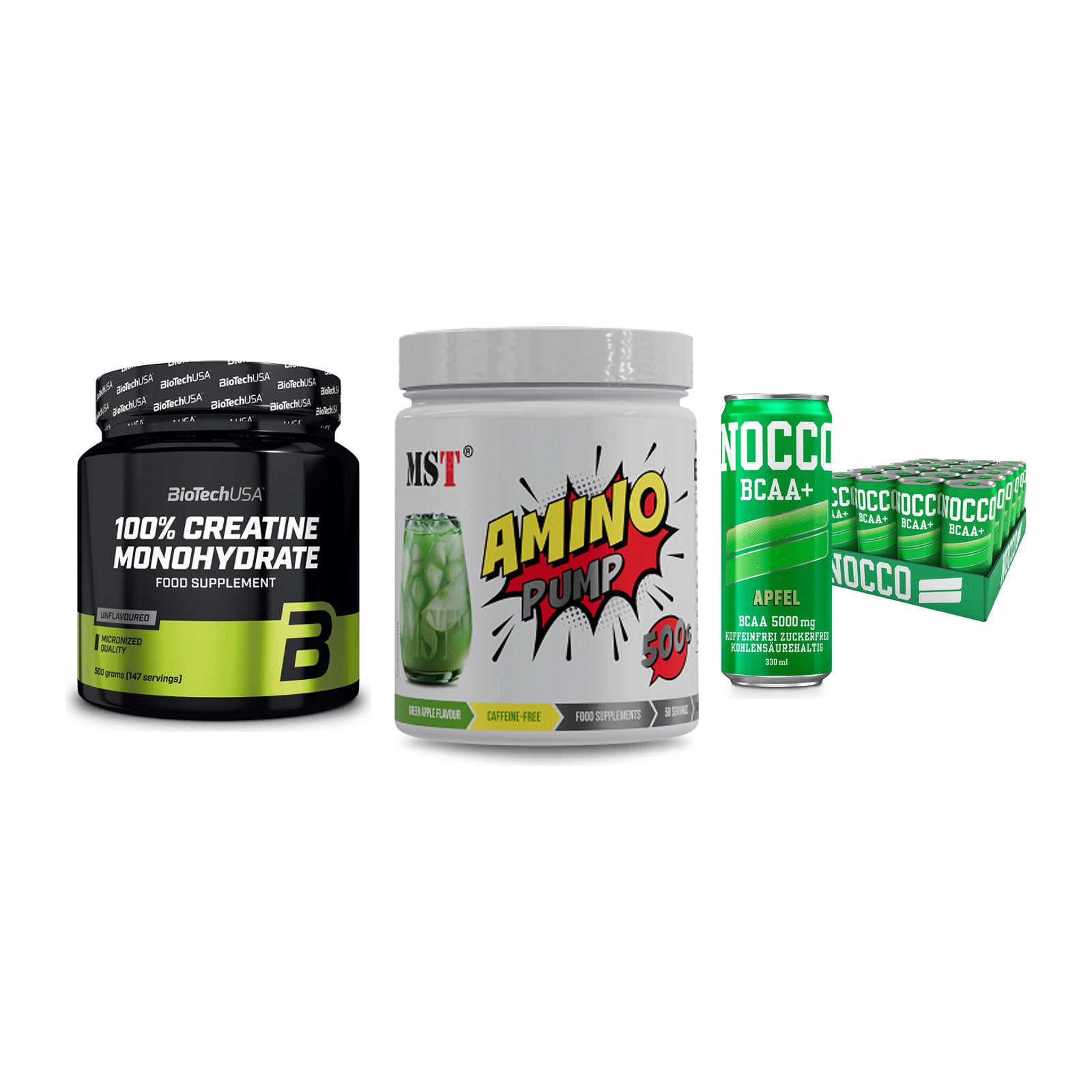 Kraft-Stack: BioTech Creatine + MST Amino Pump + Nocco BCAA Drink – alle enthaltenen Artikel