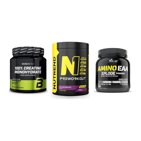 Kraft-Stack: BioTech Creatine + Nutrend N1 + Olimp Amino EAA – alle enthaltenen Artikel