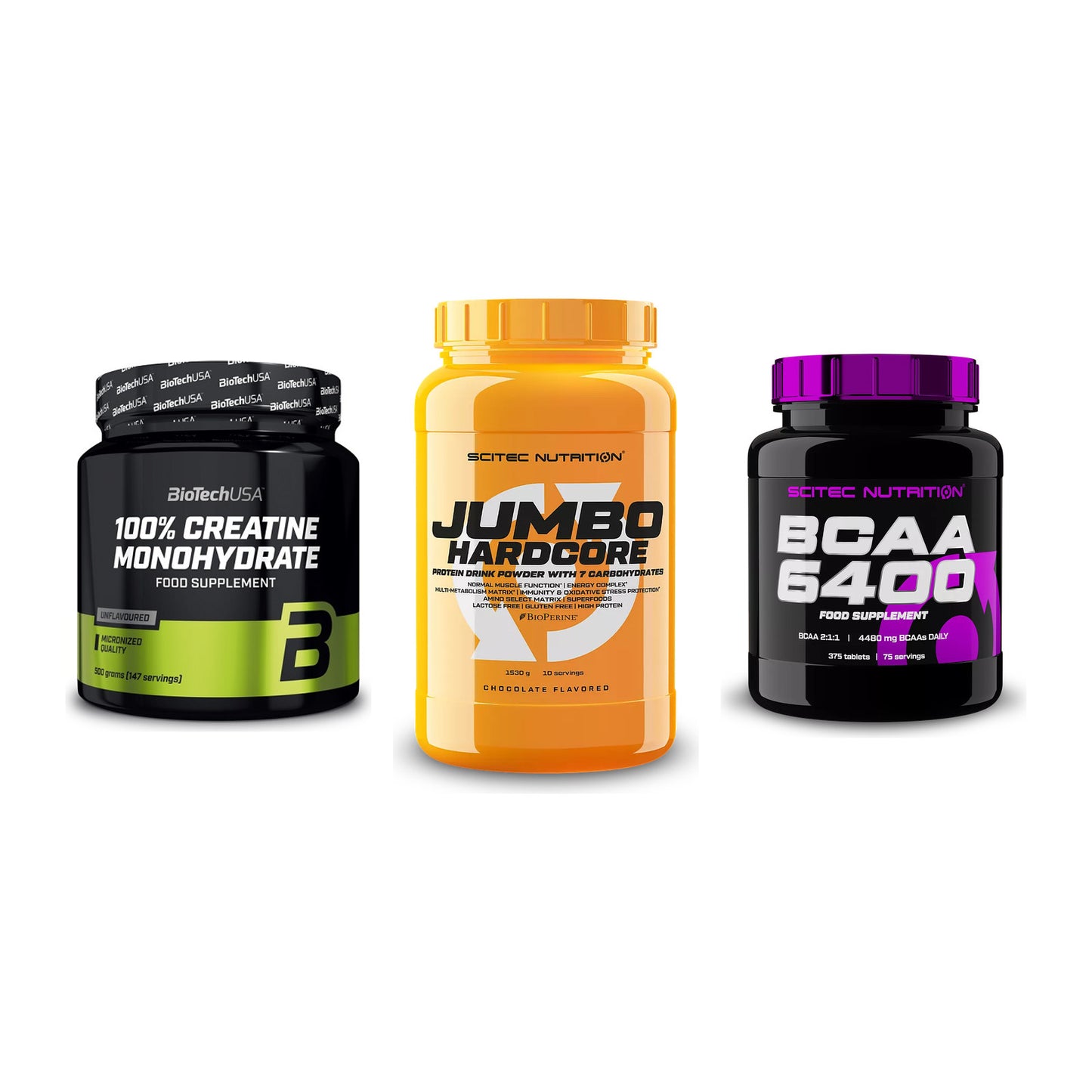Kraft-Stack: BioTech Creatine + Scitec Jumbo + Scitec BCAA 6400 – alle enthaltenen Artikel