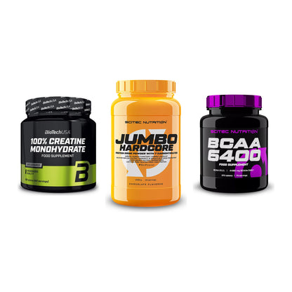 Kraft-Stack: BioTech Creatine + Scitec Jumbo + Scitec BCAA 6400 – alle enthaltenen Artikel