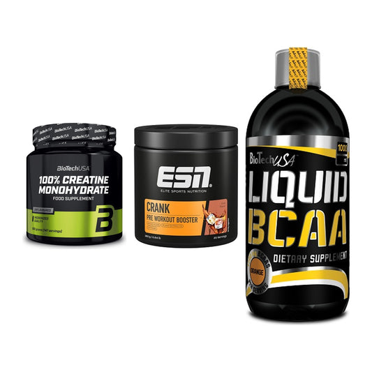 Kraft-Stack: BioTech Creatine + ESN Crank Booster + BioTech Liquid – alle enthaltenen Artikel