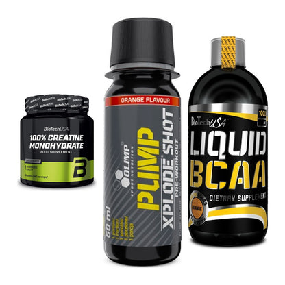 Kraft-Stack: BioTech Creatine + Olimp Pump Xplode + BioTech Liquid – alle enthaltenen Artikel