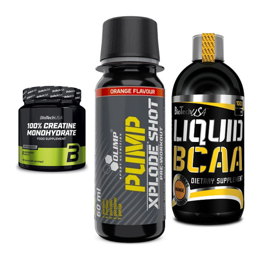 Kraft-Stack: BioTech Creatine + Olimp Pump Xplode + BioTech Liquid – alle enthaltenen Artikel