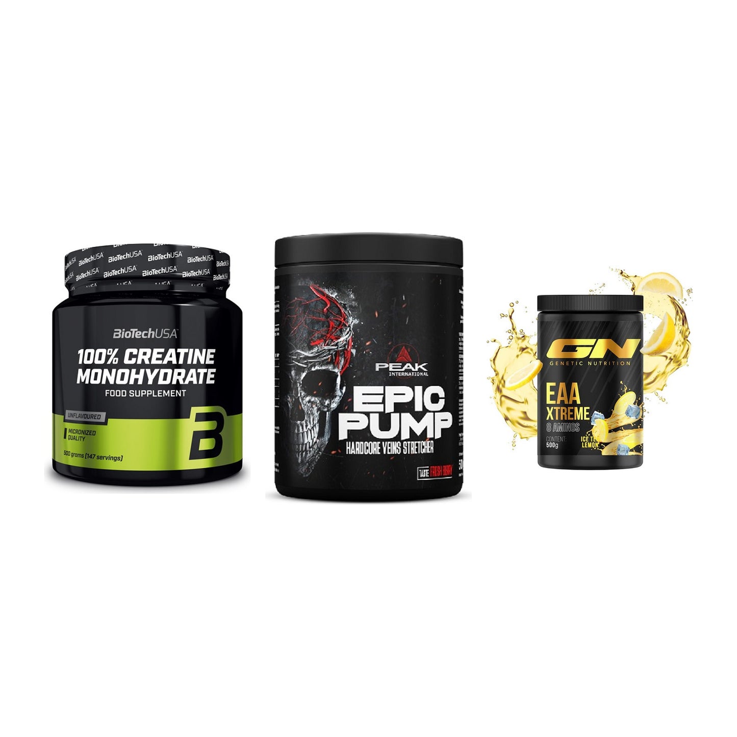Kraft-Stack: BioTech Creatine + Peak EPIC Pump + GN EAA Xtreme – alle enthaltenen Artikel