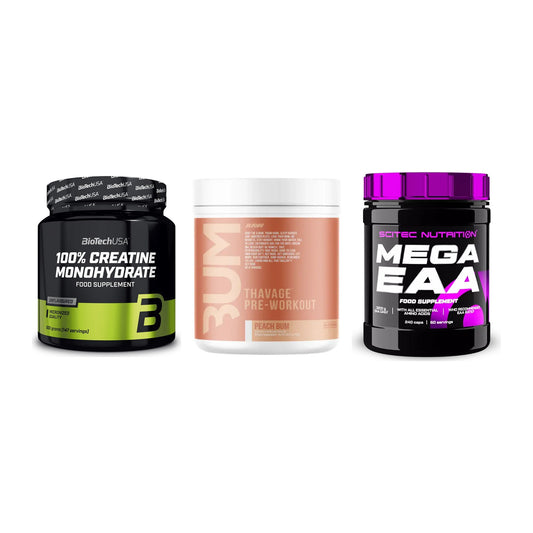 Kraft-Stack: BioTech Creatine + RAW Nutrition + Scitec Mega EAA – alle enthaltenen Artikel