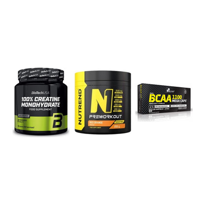 Kraft-Stack: BioTech Creatine + Nutrend N1 + Olimp BCAA Mega – alle enthaltenen Artikel