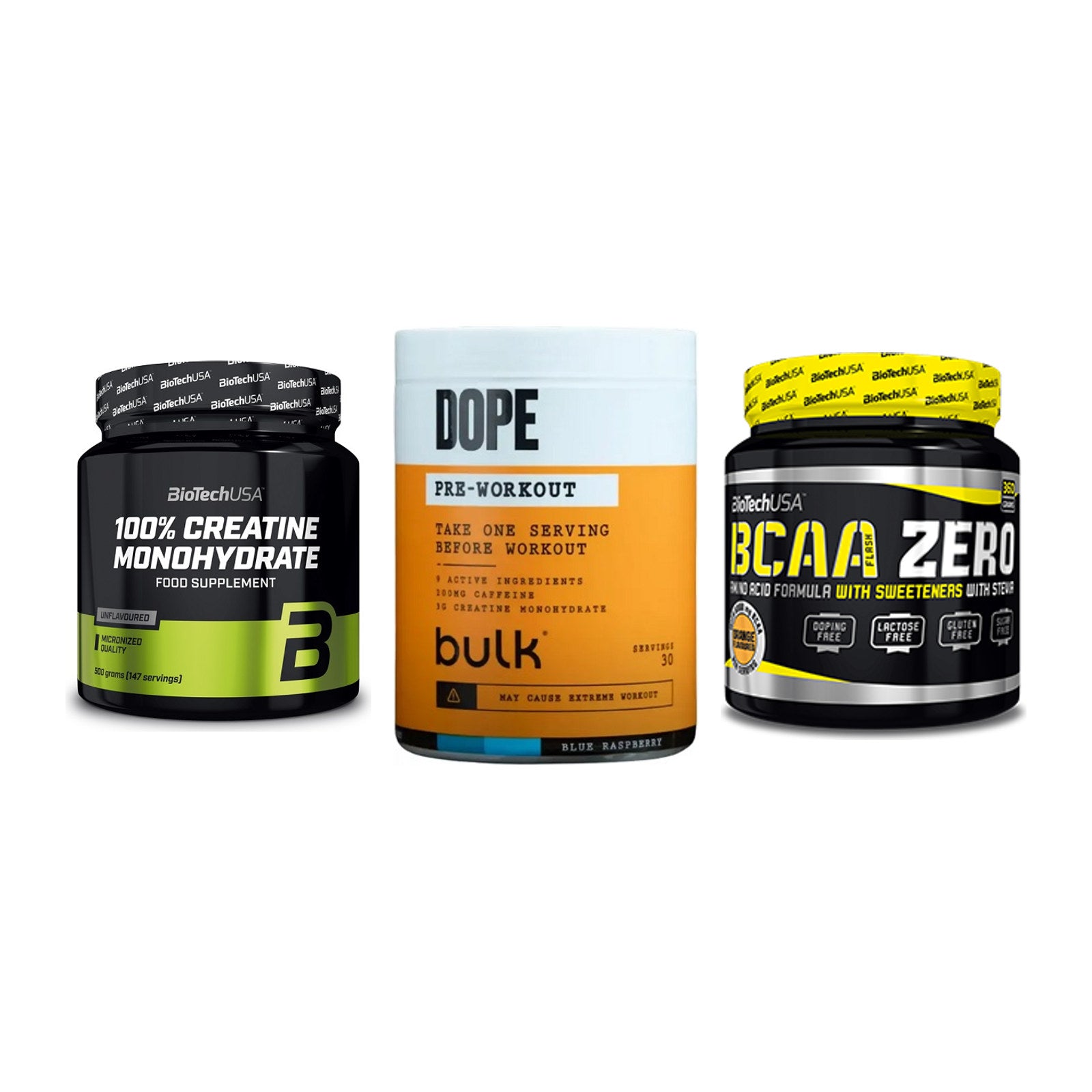 Kraft-Stack: BioTech Creatine + Bulk Dope + BioTech BCAA Zero – alle enthaltenen Artikel