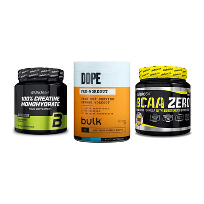 Kraft-Stack: BioTech Creatine + Bulk Dope + BioTech BCAA Zero – alle enthaltenen Artikel