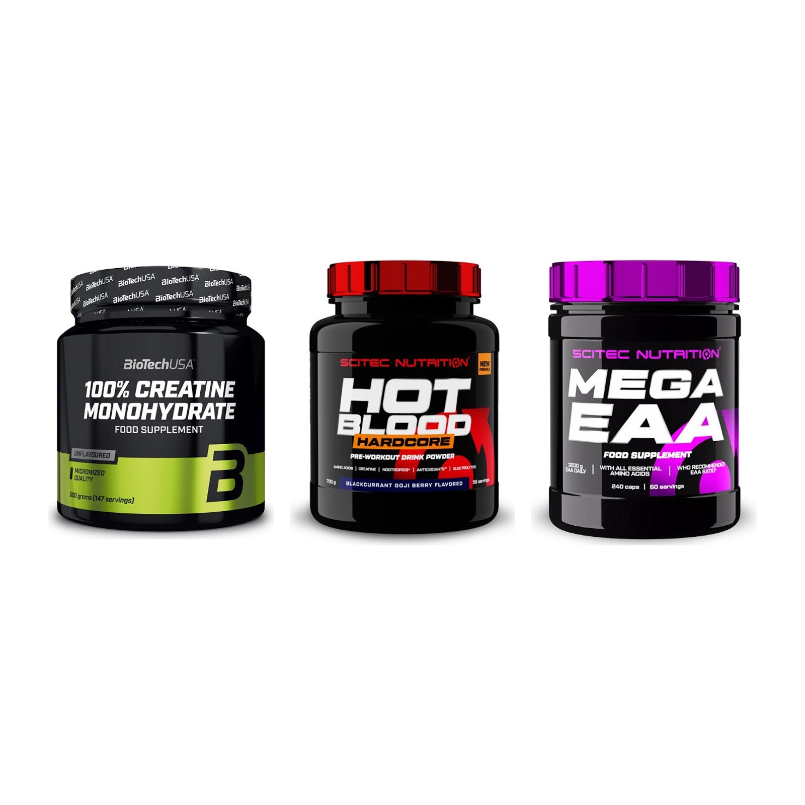 Kraft-Stack: BioTech Creatine + Scitec Hot Blood + Scitec Mega EAA – alle enthaltenen Artikel