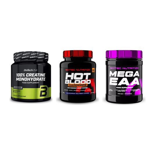 Kraft-Stack: BioTech Creatine + Scitec Hot Blood + Scitec Mega EAA – alle enthaltenen Artikel