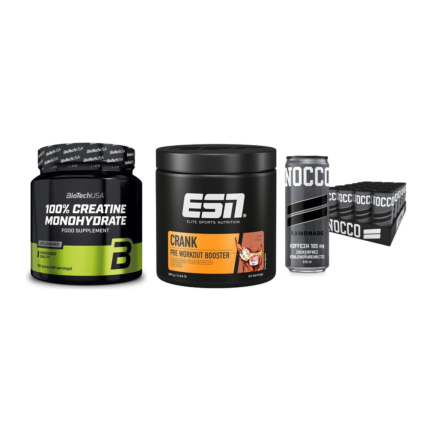 Kraft-Stack: BioTech Creatine + ESN Crank Booster + Nocco BCAA Drink – alle enthaltenen Artikel