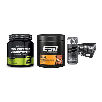 Kraft-Stack: BioTech Creatine + ESN Crank Booster + Nocco BCAA Drink – alle enthaltenen Artikel
