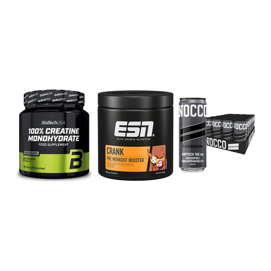 Kraft-Stack: BioTech Creatine + ESN Crank Booster + Nocco BCAA Drink – alle enthaltenen Artikel