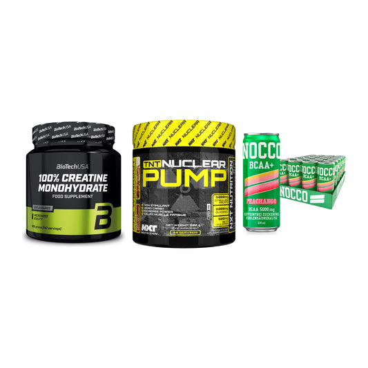Kraft-Stack: BioTech Creatine + NXT Nutrition TNT + Nocco BCAA Drink – alle enthaltenen Artikel