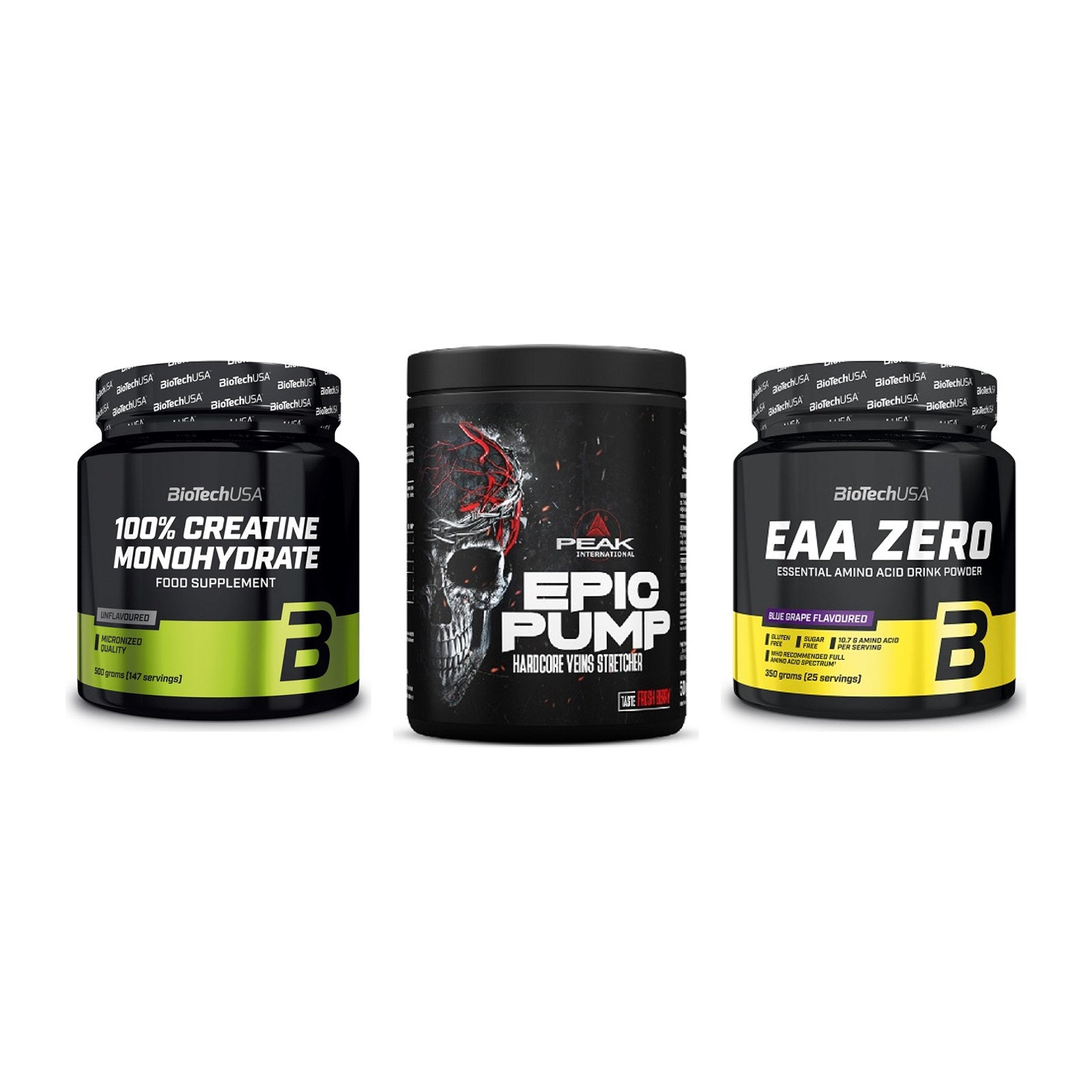 Kraft-Stack: BioTech Creatine + Peak EPIC Pump + BioTech EAA Zero – alle enthaltenen Artikel
