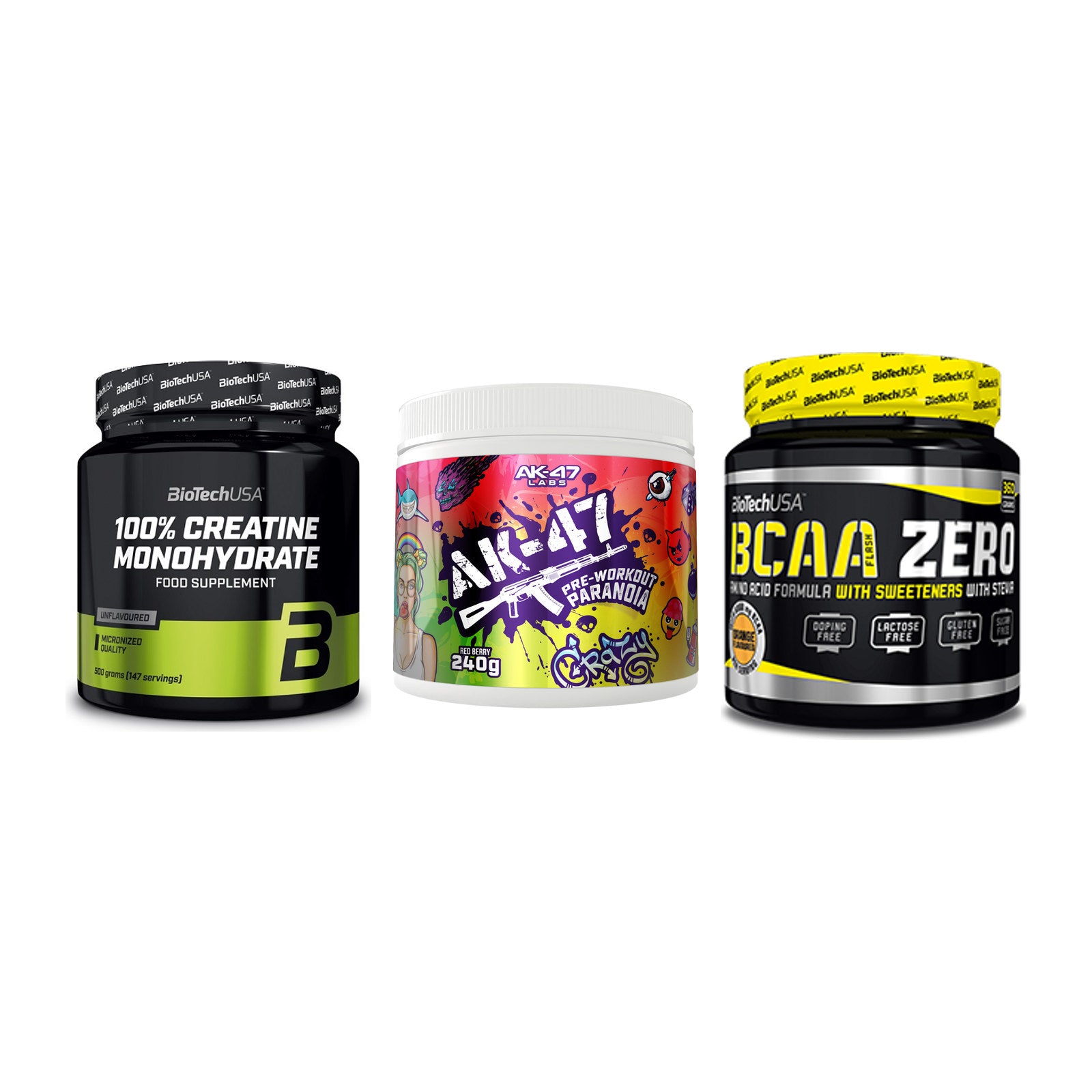 Kraft-Stack: BioTech Creatine + AK47 Labs + BioTech BCAA Zero – alle enthaltenen Artikel