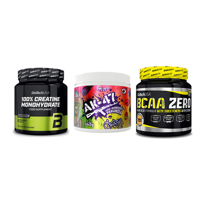 Kraft-Stack: BioTech Creatine + AK47 Labs + BioTech BCAA Zero – alle enthaltenen Artikel