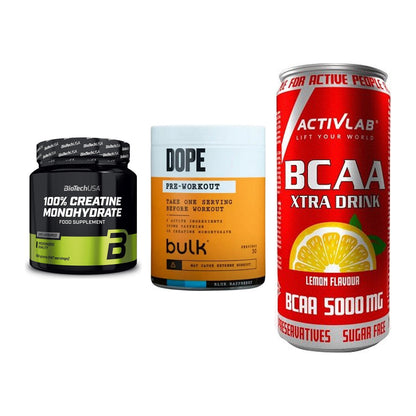 Kraft-Stack: BioTech Creatine + Bulk Dope + Activlab BCAA – alle enthaltenen Artikel