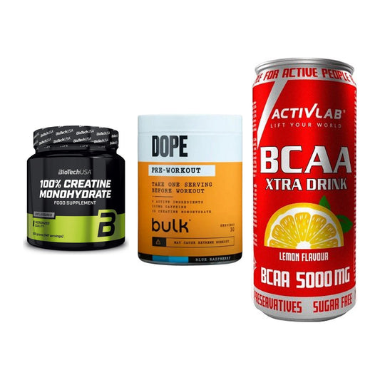 Kraft-Stack: BioTech Creatine + Bulk Dope + Activlab BCAA – alle enthaltenen Artikel