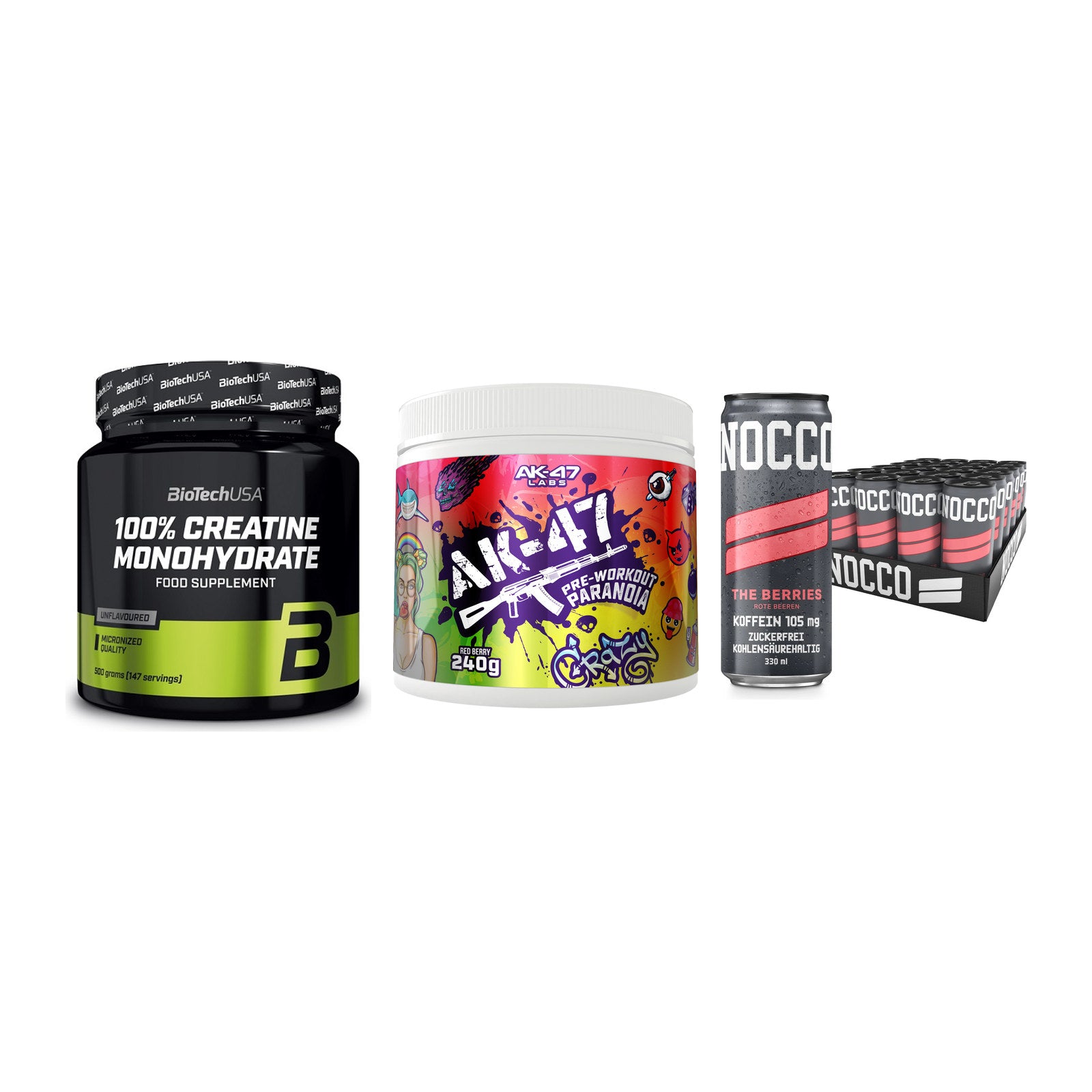 Kraft-Stack: BioTech Creatine + AK47 Labs + Nocco BCAA Drink – alle enthaltenen Artikel