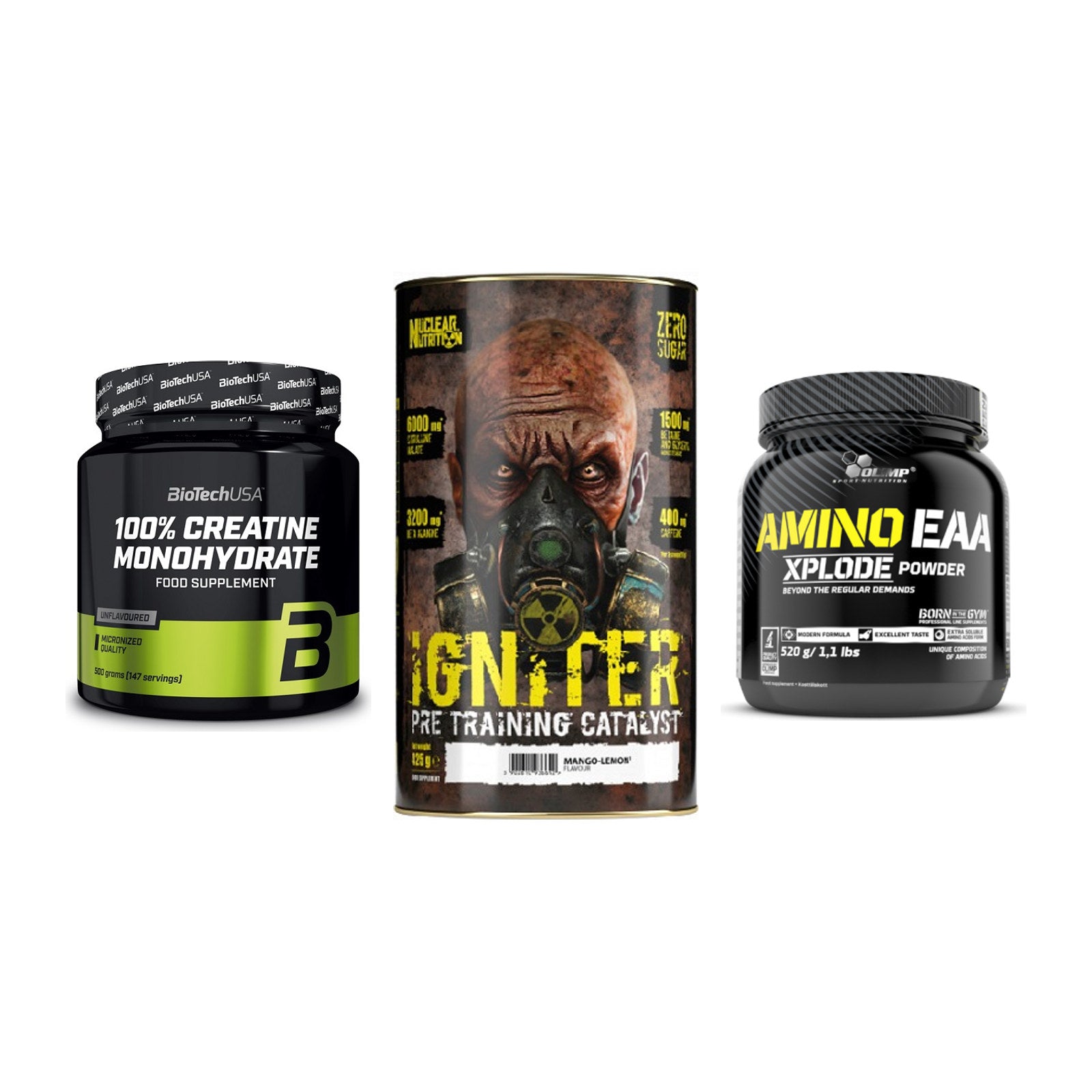 Kraft-Stack: BioTech Creatine + Nuclear Nutrition + Olimp Amino EAA – alle enthaltenen Artikel