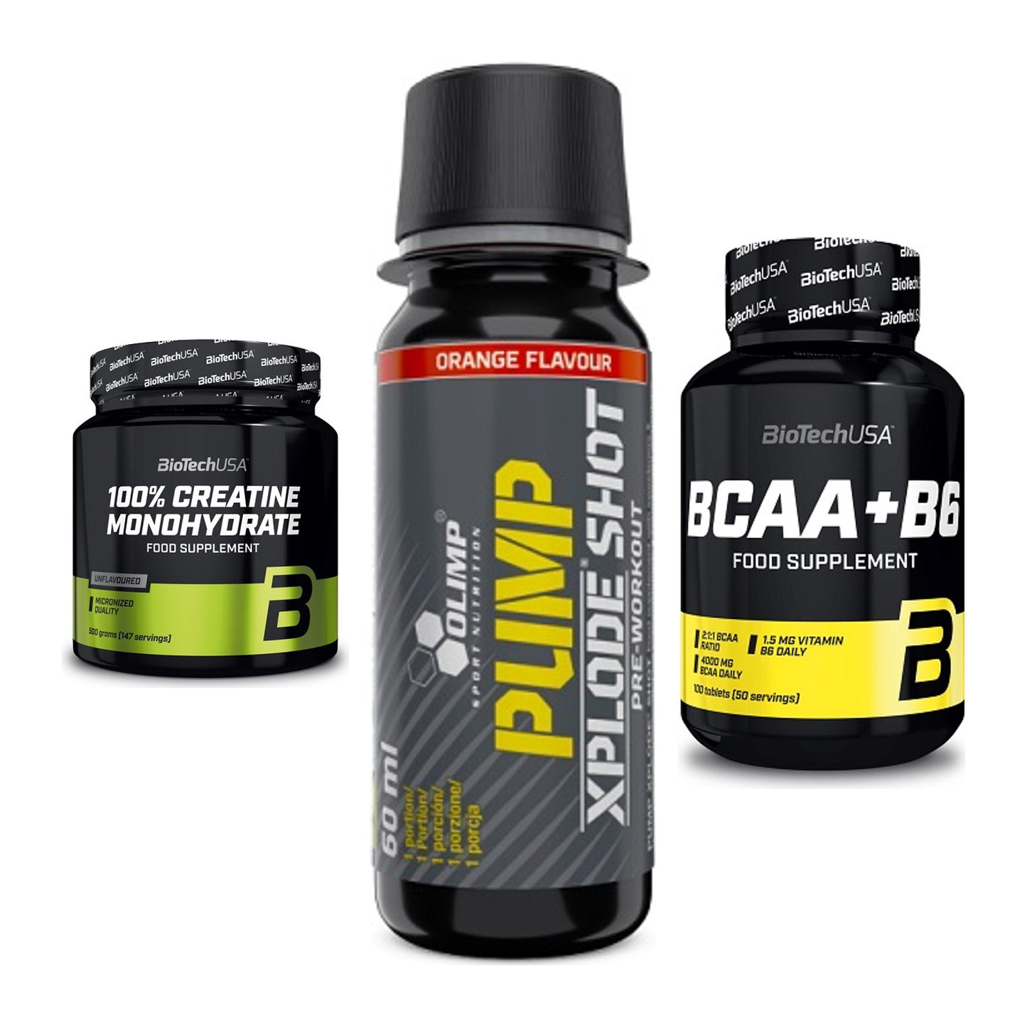 Kraft-Stack: BioTech Creatine + Olimp Pump Xplode + BioTech BCAA+B6 – alle enthaltenen Artikel