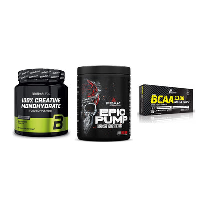 Kraft-Stack: BioTech Creatine + Peak EPIC Pump + Olimp BCAA Mega – alle enthaltenen Artikel