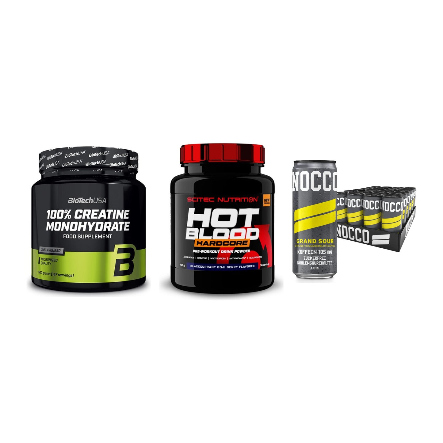 Kraft-Stack: BioTech Creatine + Scitec Hot Blood + Nocco BCAA Drink – alle enthaltenen Artikel