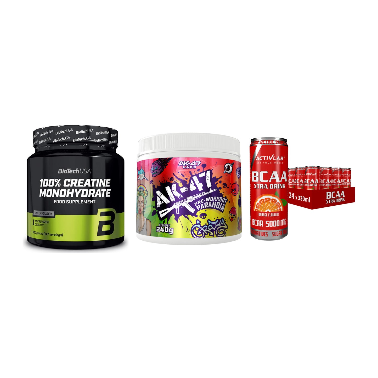Kraft-Stack: BioTech Creatine + AK47 Labs + Activlab BCAA – alle enthaltenen Artikel