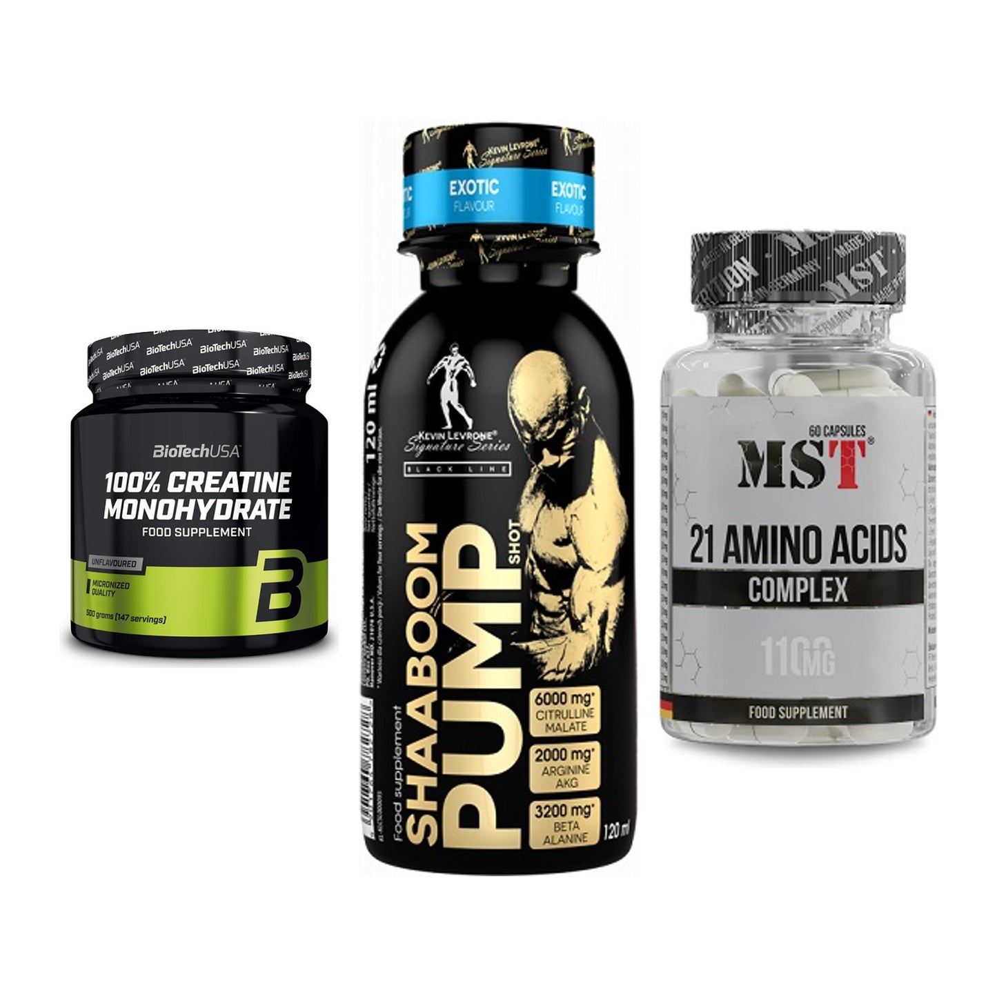 Kraft-Stack: BioTech Creatine + Kevin Levrone + MST 21 Amino – alle enthaltenen Artikel