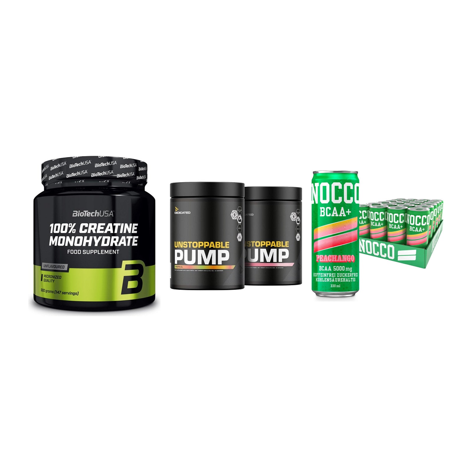 Kraft-Stack: BioTech Creatine + Dedicated + Nocco BCAA Drink – alle enthaltenen Artikel
