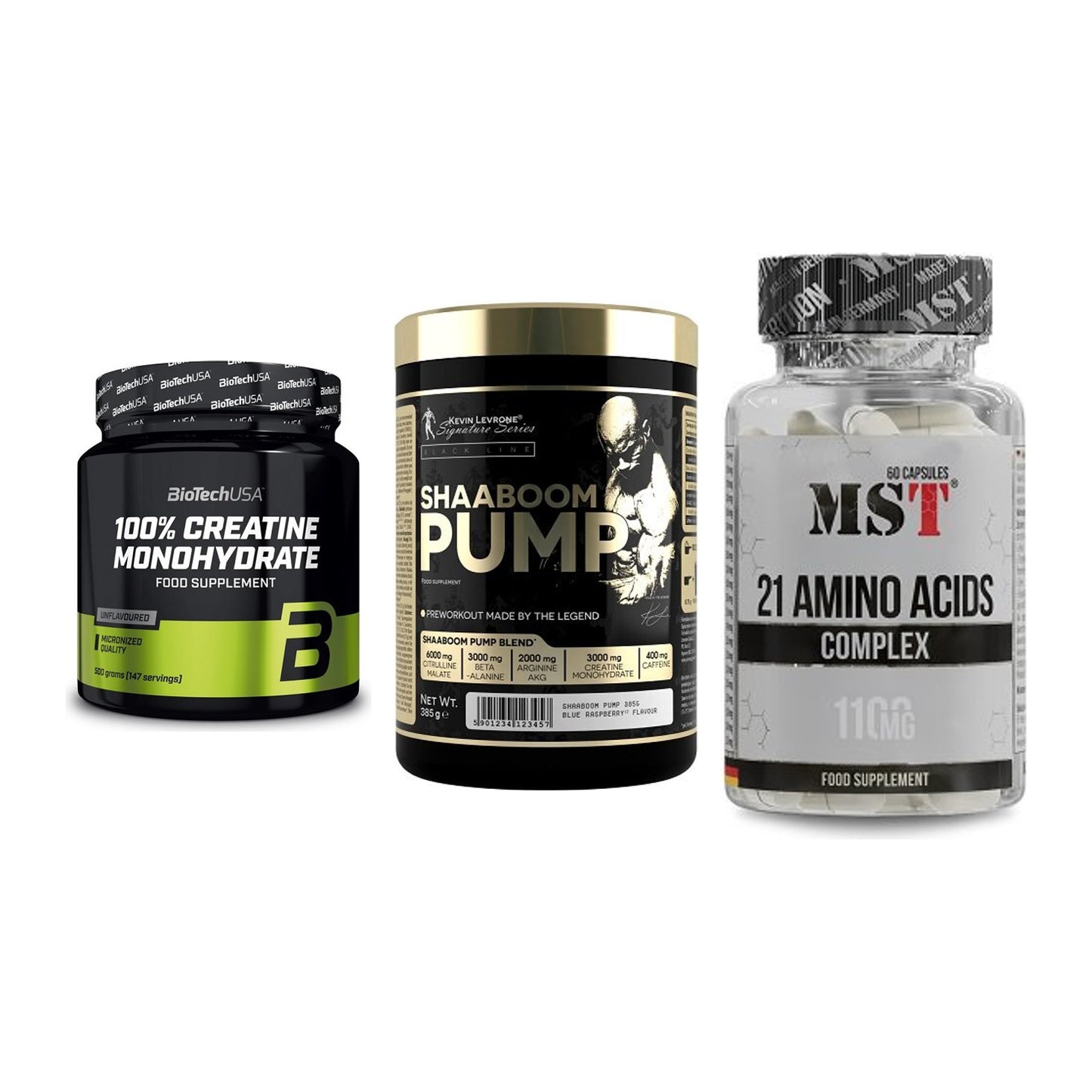 Kraft-Stack: BioTech Creatine + Kevin Levrone + MST 21 Amino – alle enthaltenen Artikel