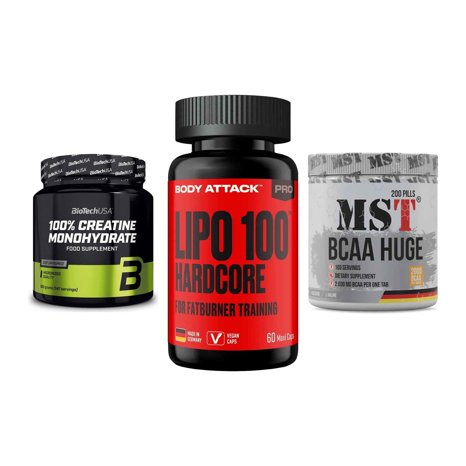 Kraft-Stack: BioTech Creatine + Body Attack LIPO + MST BCAA Huge 200 – alle enthaltenen Artikel